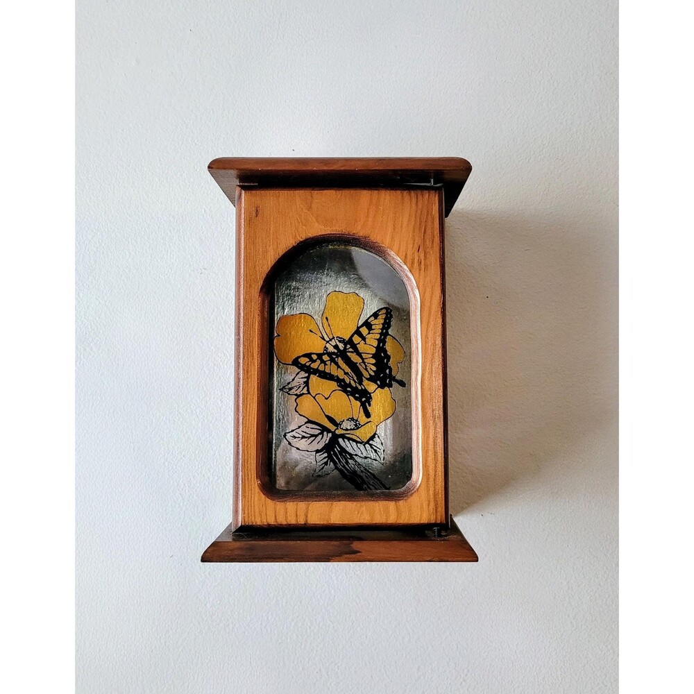 Vintage Butterfly Stained Glass Candle Box Wood Wall Lantern